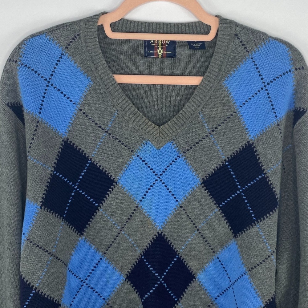 ARROW Argyle Sweater Mens L Gray Blue V Neck Cotton Knit Preppy Golf Old Money - Picture 2 of 9
